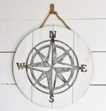 WHT COMPASS WOOD/TIN SIGN