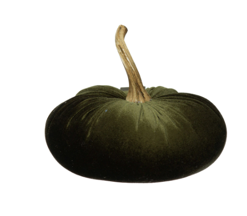 7-1/2" Round x 6-3/4"H Velvet Pumpkin with Resin Stem, Green
