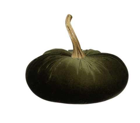 7-1/2" Round x 6-3/4"H Velvet Pumpkin with Resin Stem, Green