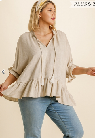 Linen Blend Half Sleeve Top with Front Tassel Tie and Ruffle Hem