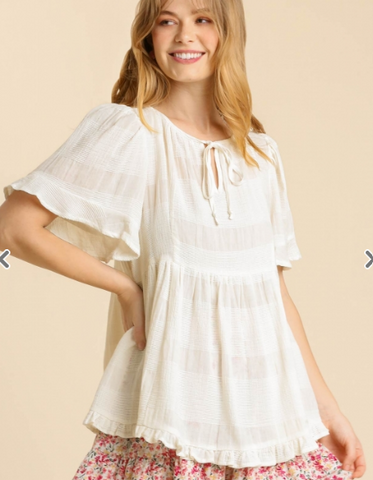 Sheer Textured Short Flutter Sleeve Front String Tie Babydoll Top with Ruffle Hem