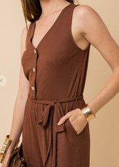 SLEEVELESS V-NECK BUTTON DOWN JUMPSUIT