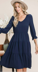 3/4 Sleeve Tiered Dress-Navy