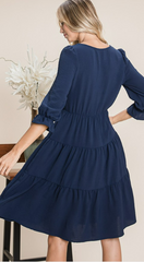 3/4 Sleeve Tiered Dress-Navy