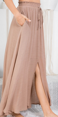 SMOCKED DRAWSTRING MAXI SKIRT-Mocha