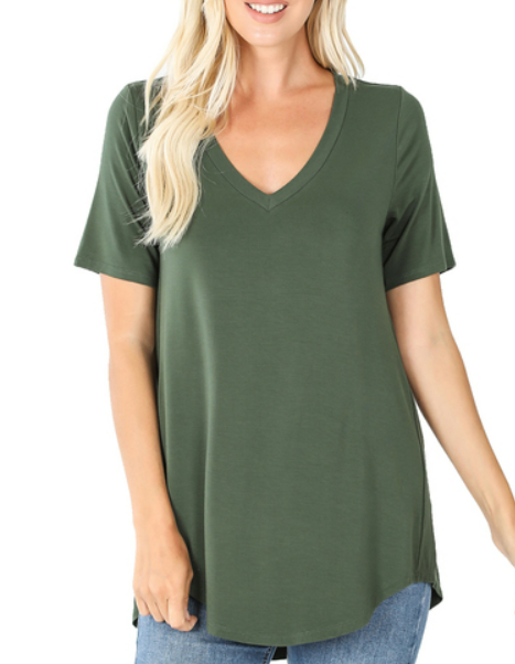 LUXE RAYON SHORT SLEEVE V-NECK HI-LOW HEM TOP-Army Green