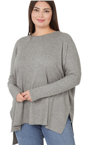 ROUND NECK HEATHER RIBBED SWEATER-CHARCOAL