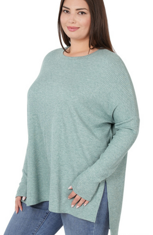 ROUND NECK HEATHER RIBBED SWEATER-DUSTY TEAL