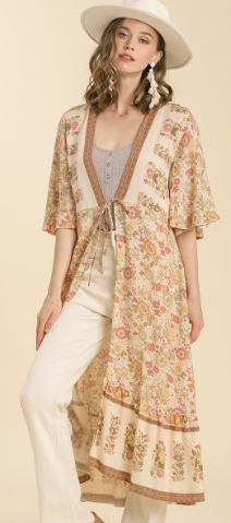 Floral Print Front Tie Long Kimono