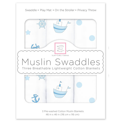 Muslin Swaddle Blankets - Little Ships (Set of 3), Pastel Blue, Nautical
