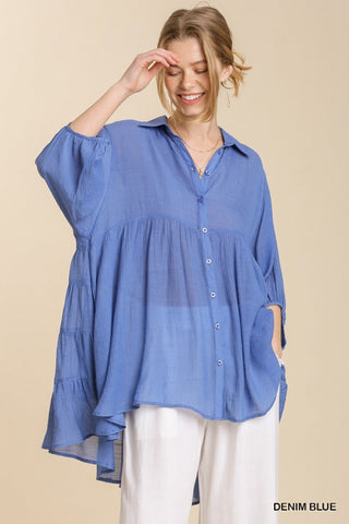 Sheer 3/4 Sleeve Collar Button Down Back Tiered Tunic Top with High Low Hem