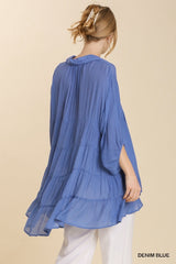 Sheer 3/4 Sleeve Collar Button Down Back Tiered Tunic Top with High Low Hem