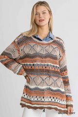 Multicolor Crochet Striped Long Sleeve Pullover Sweater with Scalloped Hem