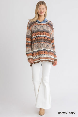 Multicolor Crochet Striped Long Sleeve Pullover Sweater with Scalloped Hem