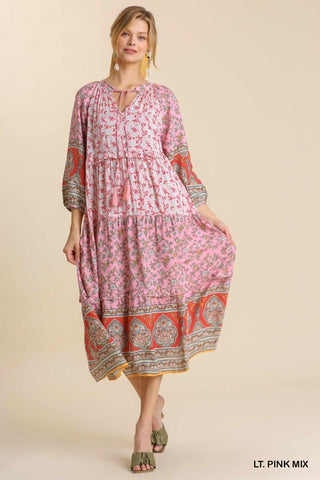 Mixed Print Long Sleeve Ruffled Maxi Dress with Tassel Front Tie