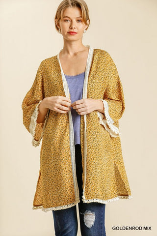 Floral Print Lace Trimmed Kimono-Mustard