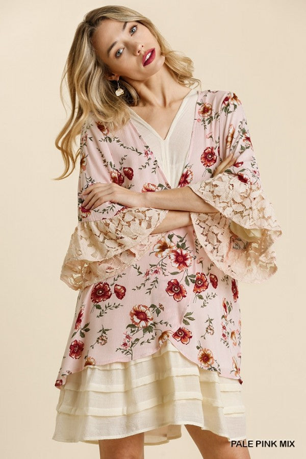 Floral Print Lace Hem Sleeves Open Front Kimono