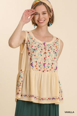 Sleeveless Babydoll Top with Floral Embroidery and Back Keyhole