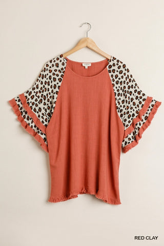 Linen Blend Animal Print Layered Bell Sleeve Top