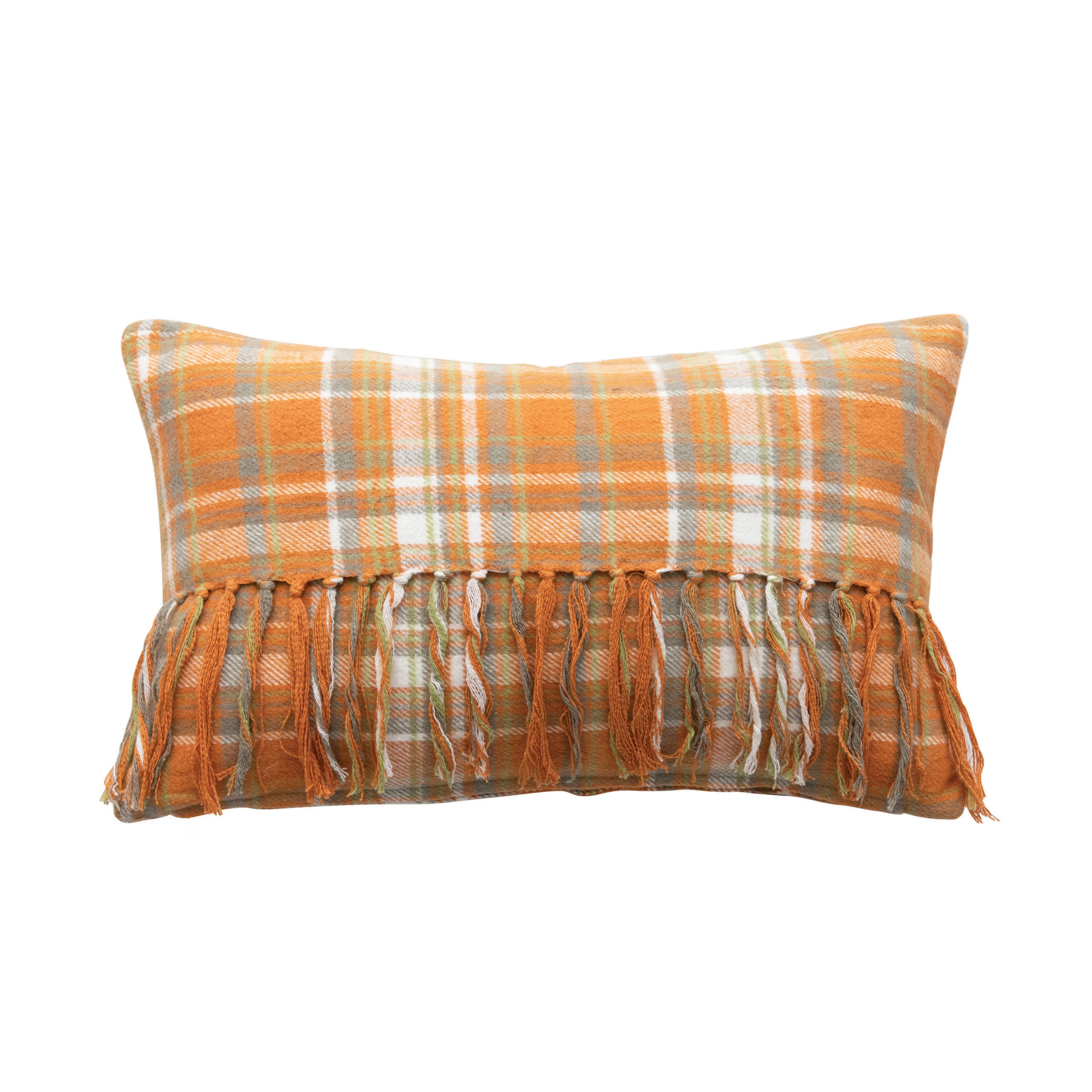 20" x 14" Cotton Flannel Lumbar Pillow with Fringe, Multi Color Plaid