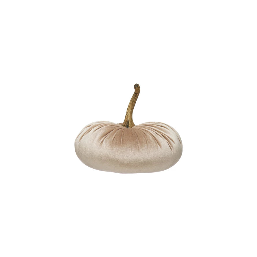 7-1/2" Round x 6-3/4"H Velvet Pumpkin with Resin Stem, Tan Color