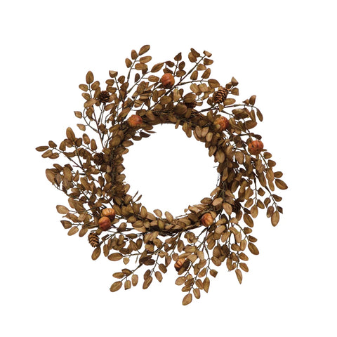 19-3/4" Round Faux Leaf Wreath with Pinecones and Rose Hips, Multi Color