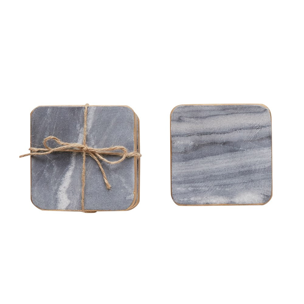 4" Sq Marble Coasters, Grey w/ Gold Edge, Set of 4