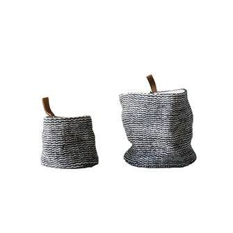 6-1/2" Round x 6"H & 4-1/2" Round x 4"H Jute Wall Baskets w/ Leather Loop