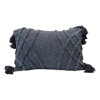 24"L x 16"H Stonewashed Cotton Blend Slub Pillow w/ Tufted Chevron Pattern & Tassels, Blue
