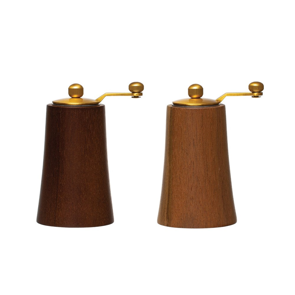 4-3/4"H Acacia Wood & Stainless Steel Salt & Pepper Mills, Gold Finish, Set of 2