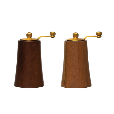 4-3/4"H Acacia Wood & Stainless Steel Salt & Pepper Mills, Gold Finish, Set of 2