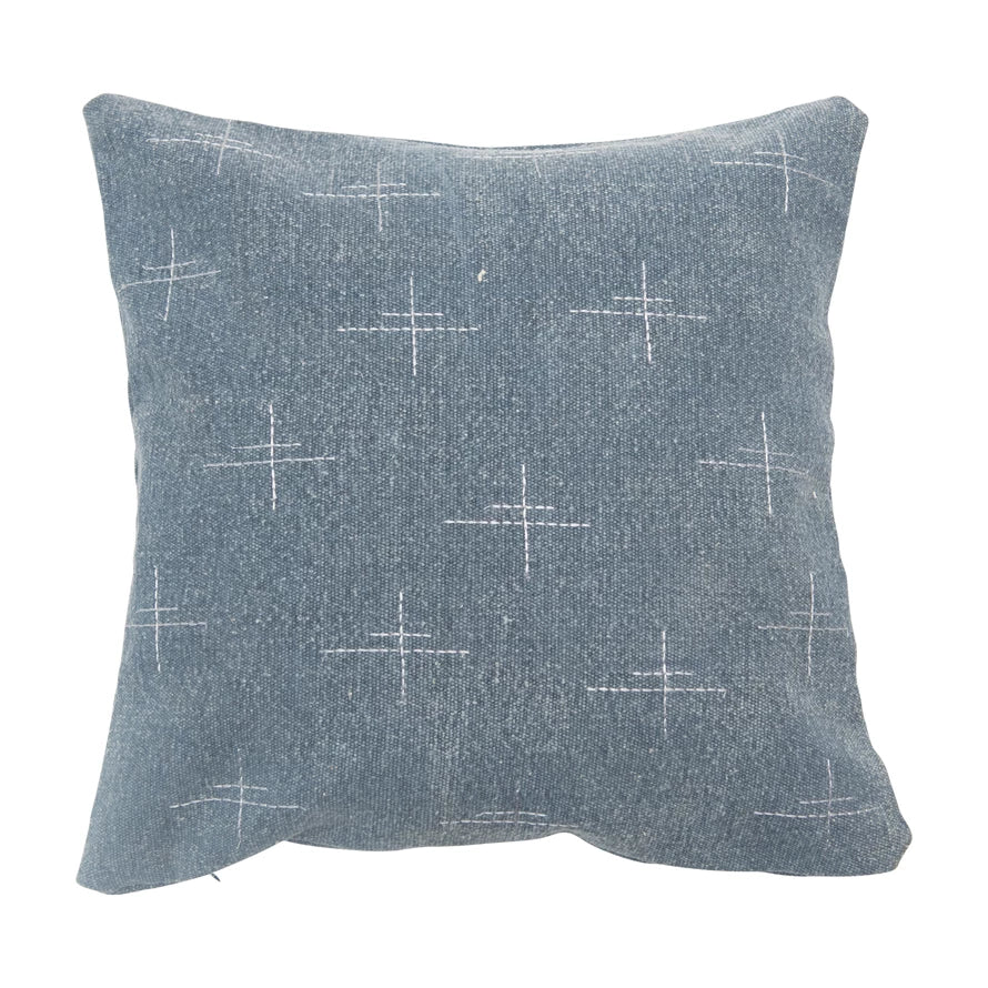 18" Stonewashed Woven Cotton Pillow with Embroidery