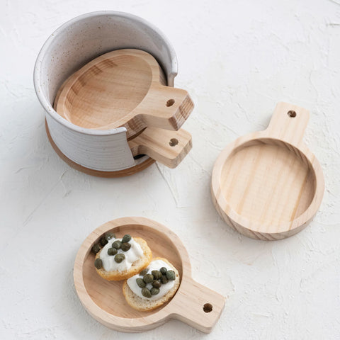 Pine Wood Tapas Plates(coasters) w/ Stoneware Holder, Set of 5 (Each One Will Vary)