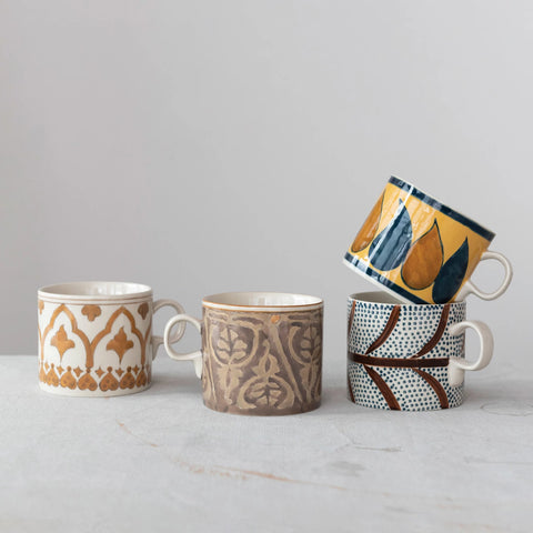 16 oz. Hand-Painted Stoneware Mug w/ Pattern, 4 Styles
