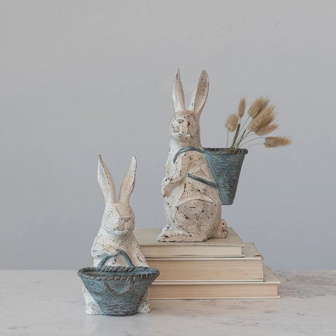 Resin Rabbit w/ Basket, Distressed Finish, Antique White & Grey, 2 Styles