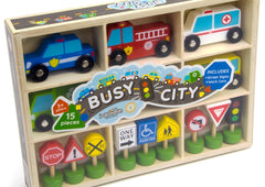 Busy City Vehicles and Sign
