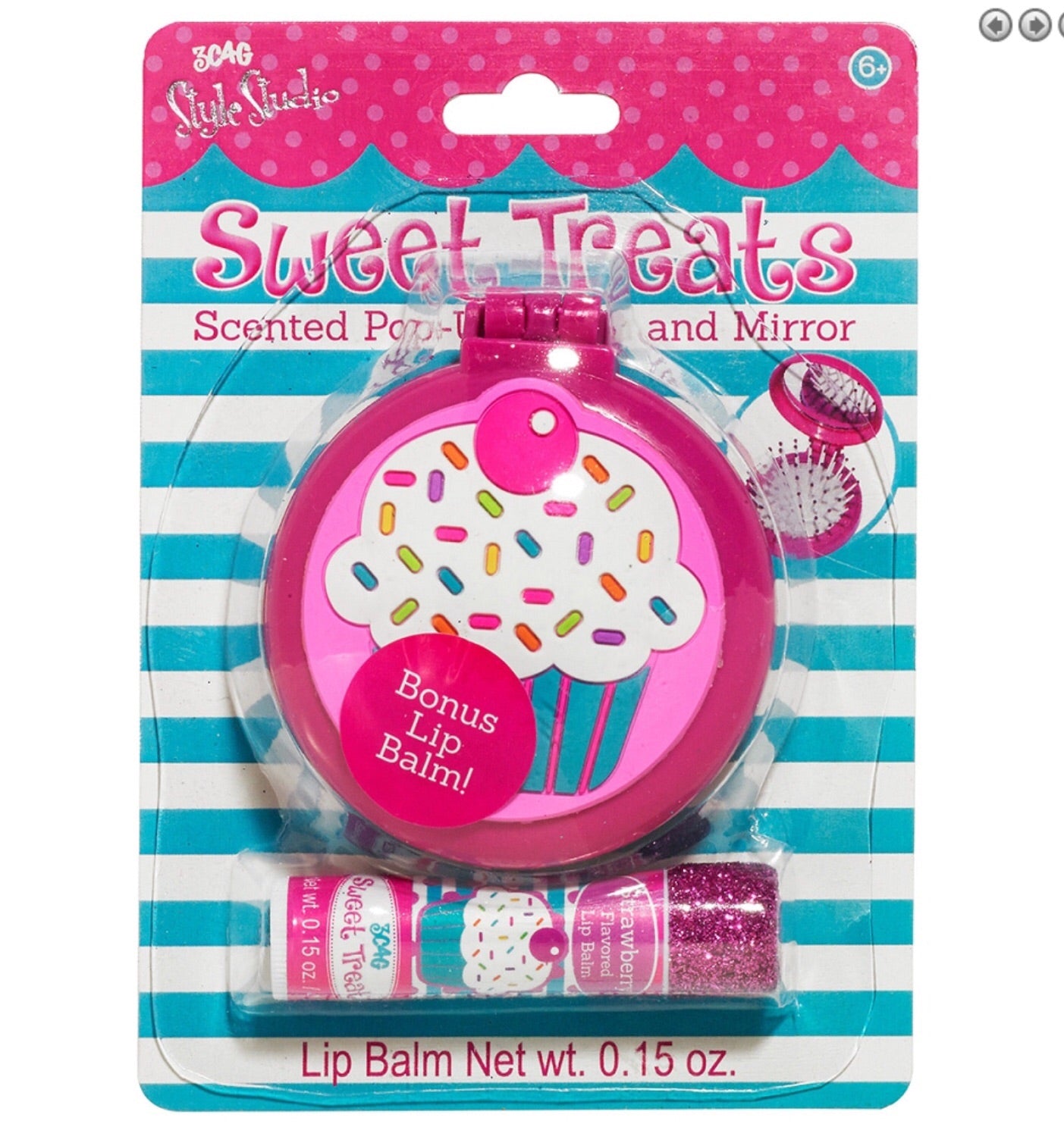 Sweet treats scented pop up brush and mirror with lip balm