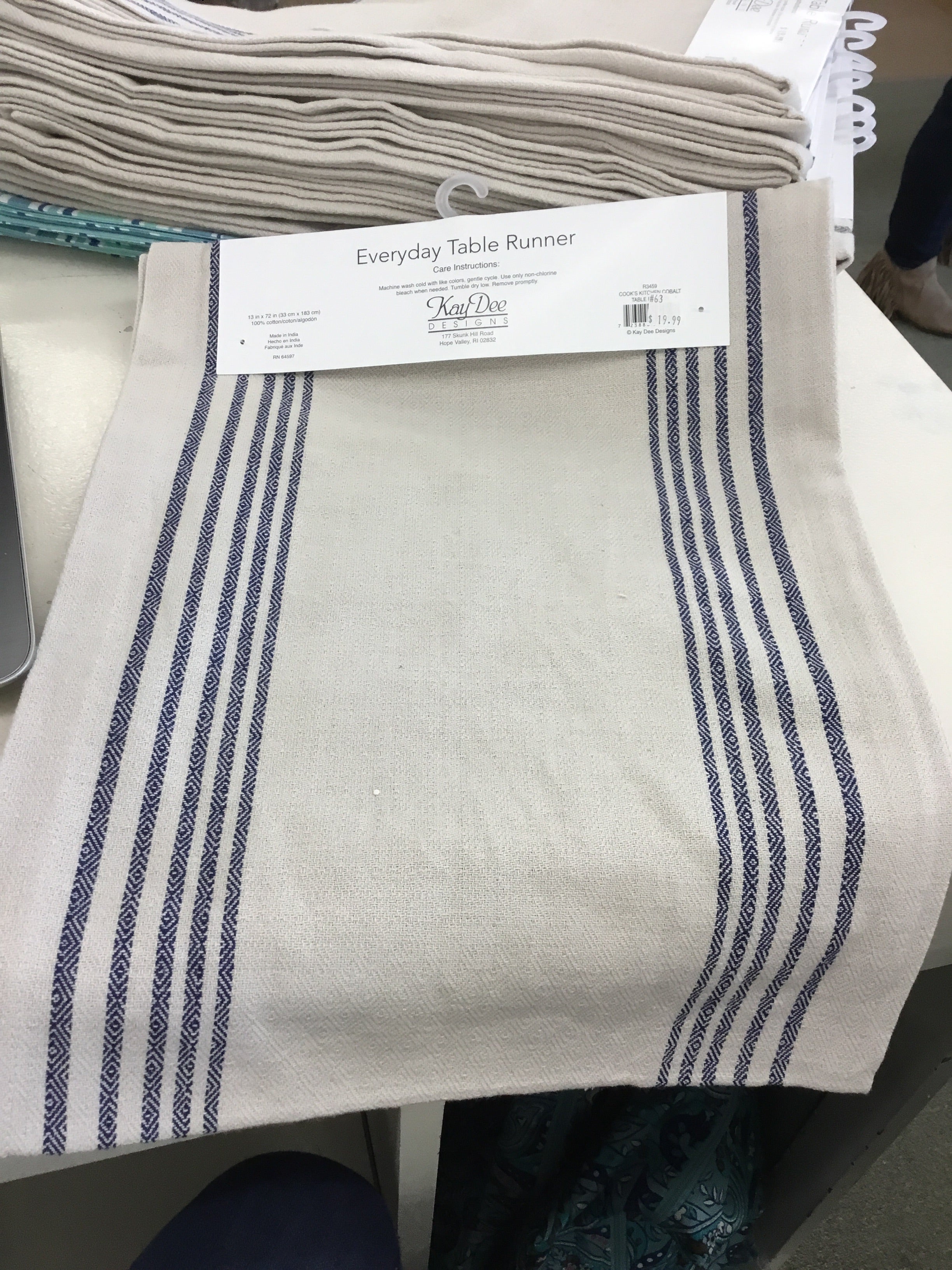 Tan and blue table runner