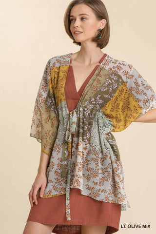 Sheer Mixed Print Bell Sleeve Open Front Kimono with Waist Tie and Side Slits