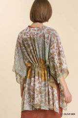 Sheer Mixed Print Bell Sleeve Open Front Kimono with Waist Tie and Side Slits