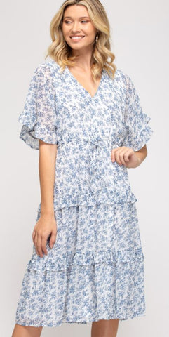 Flutter Half Sleeve Woven Print Midi Dress