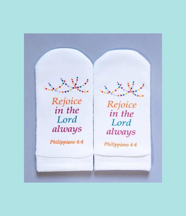 Standing on the Word Socks Pompom with Verse: Phil.4:4 Rejoice in the Lord always