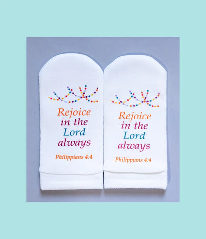 Standing on the Word Socks Pompom with Verse: Phil.4:4 Rejoice in the Lord always