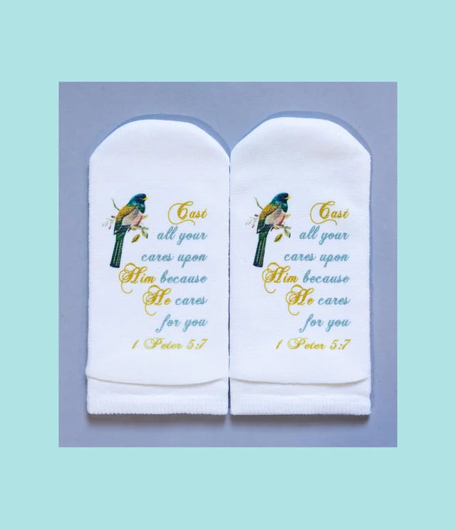Standing on the Word Socks Bird with verse: 1 Peter 5:7 Cast your cares