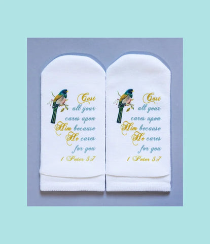 Standing on the Word Socks Bird with verse: 1 Peter 5:7 Cast your cares