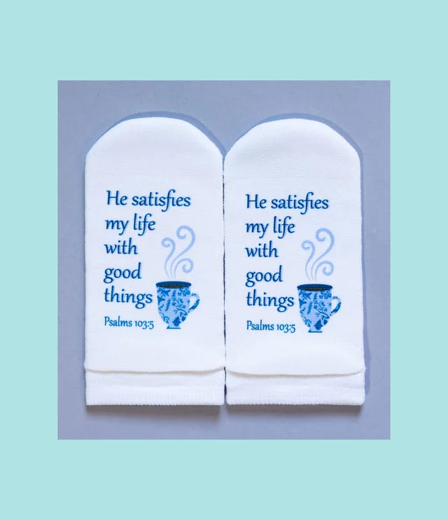 Standing on the Word Socks Coffee Cup with verse: Psalms 103:5 He satisfies