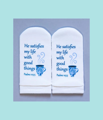 Standing on the Word Socks Coffee Cup with verse: Psalms 103:5 He satisfies