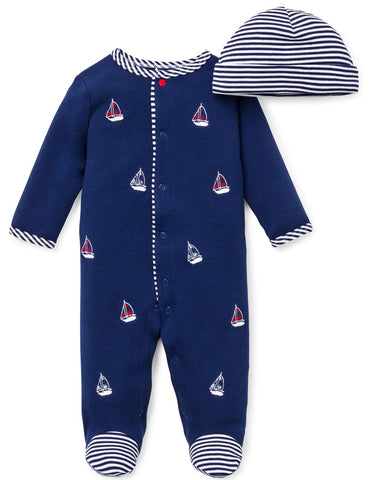 Sailboats Footed One-Piece And Hat