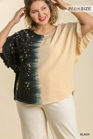 Linen Blend Bleach Dip Dye Short Ruffle Sleeve Round Neck Top with Frayed Hem