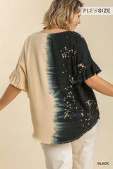 Linen Blend Bleach Dip Dye Short Ruffle Sleeve Round Neck Top with Frayed Hem